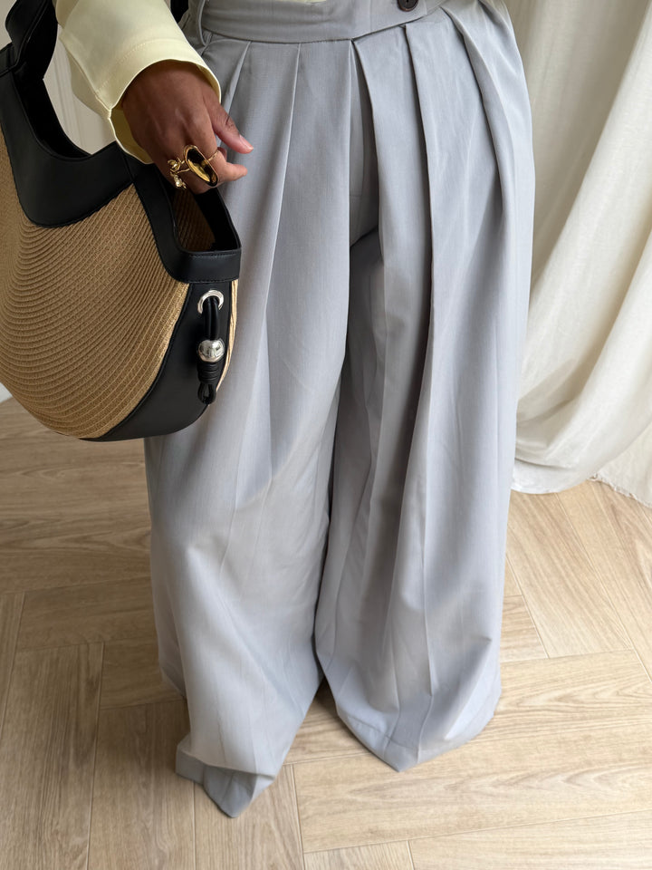 PANTALON PREMIUM LARGE ET PLISSÉ GRIS CLAIR