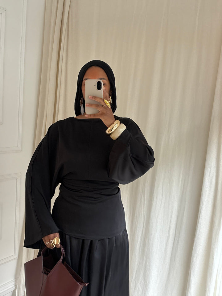 BLOUSE SATIN MANCHES ÉVASÉE NOIRE