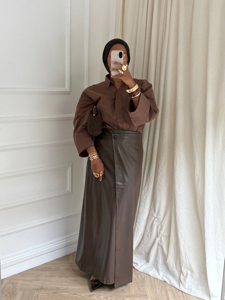 JUPE PORTEFEUILLE FAUX CUIR MARRON