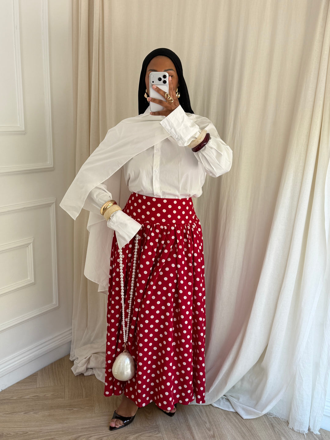 JUPE COTON À POIS ROUGE