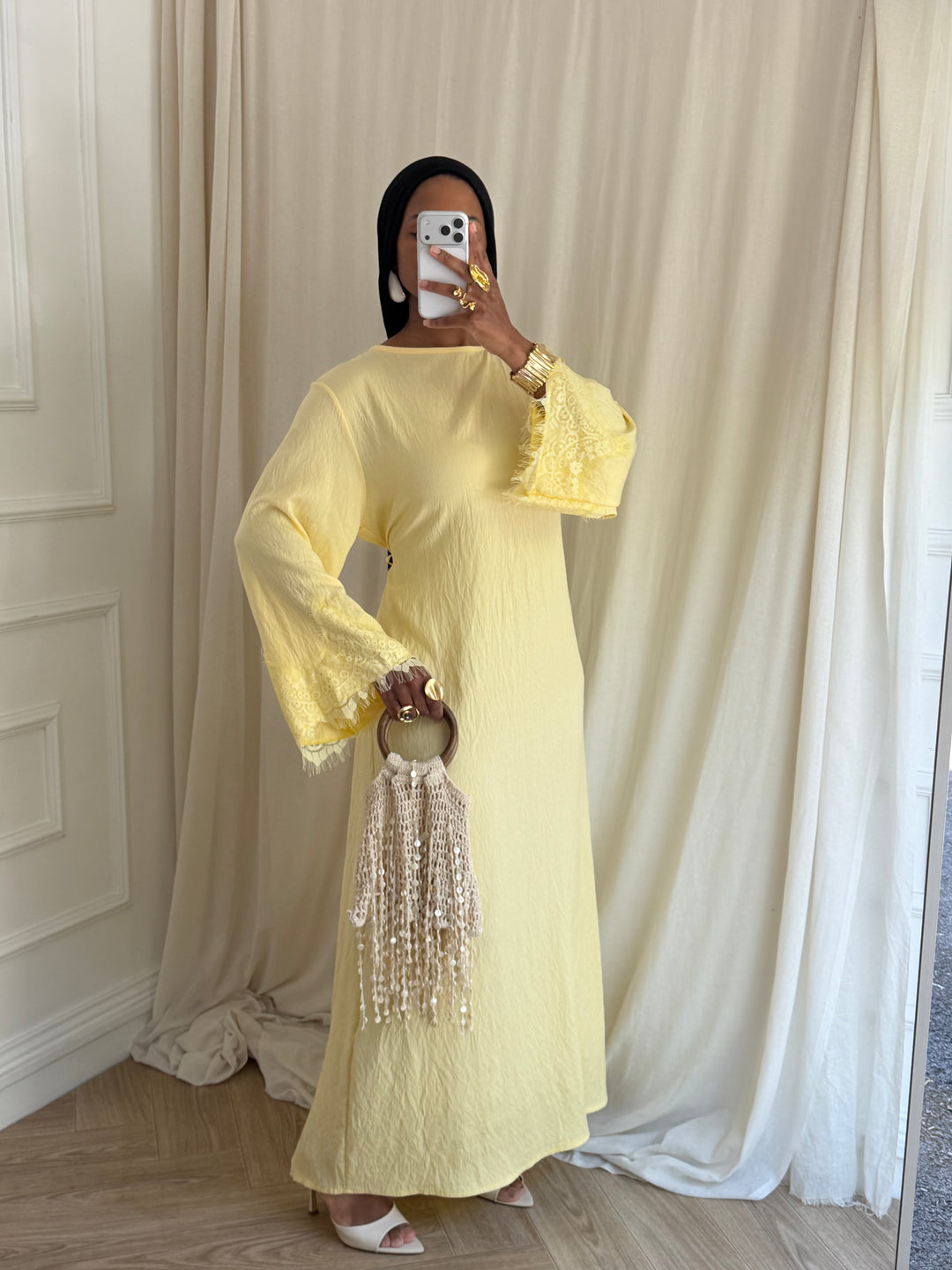 ROBE MANCHE DENTELLE PRINTEMPS JAUNE