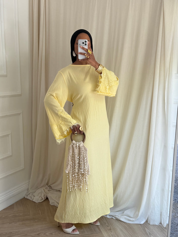 ROBE MANCHE DENTELLE PRINTEMPS JAUNE