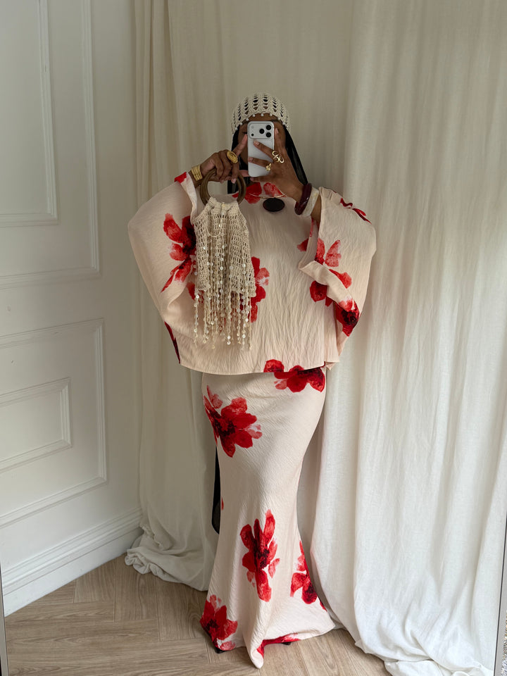 ENSEMBLE SUMMER JUPE FLEURS BEIGE ET ROUGE