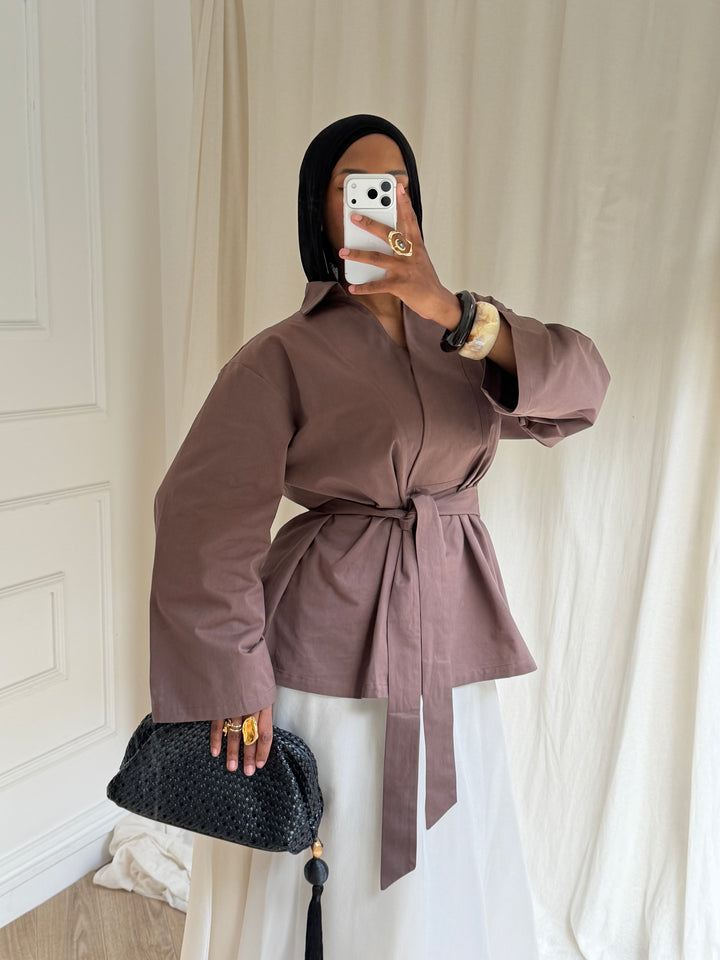 TOP OVERSIZE A CEINTURE COTON MARRON