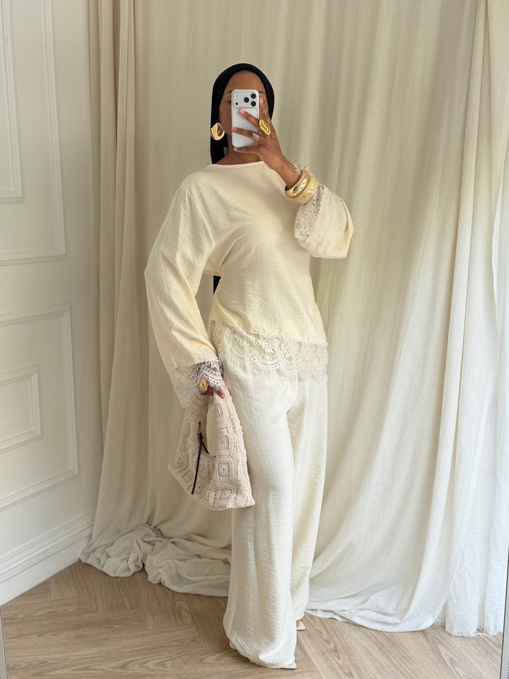ENSEMBLE PANTALON DENTELLE BEIGE