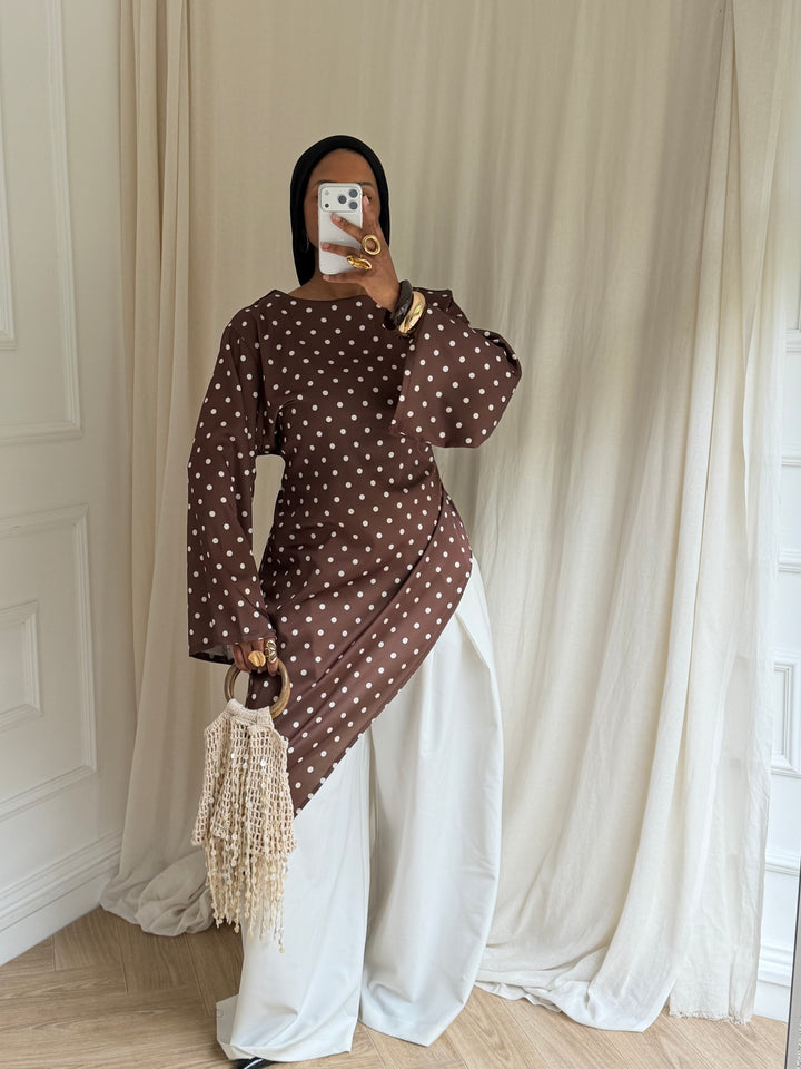 BLOUSE LONGUE À POIS MARRON
