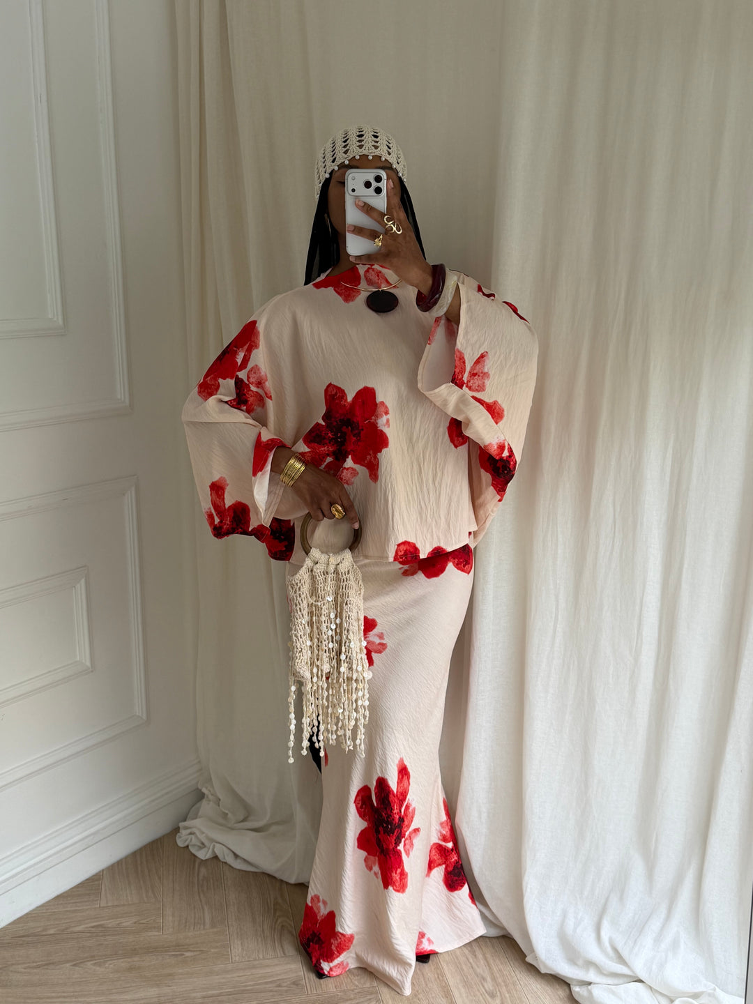 ENSEMBLE SUMMER JUPE FLEURS BEIGE ET ROUGE
