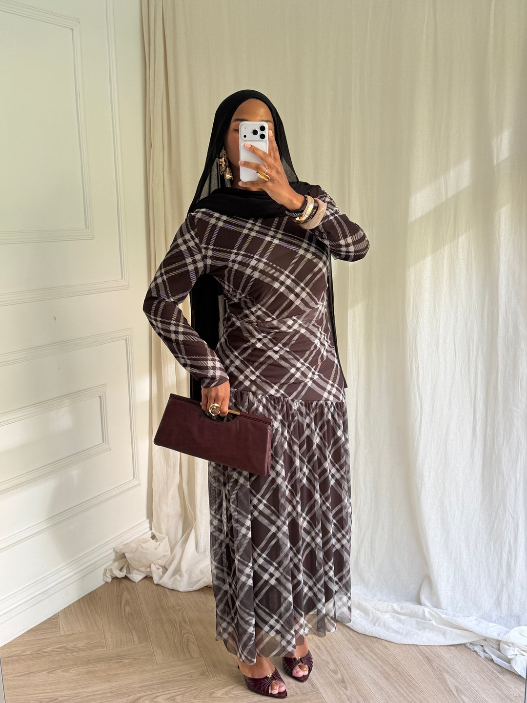 ROBE IMPRIMÉ CARREAUX MARRON