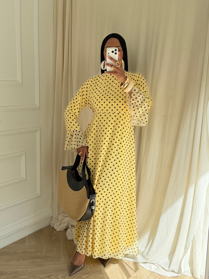 ROBE LONGUE À POIS JAUNE