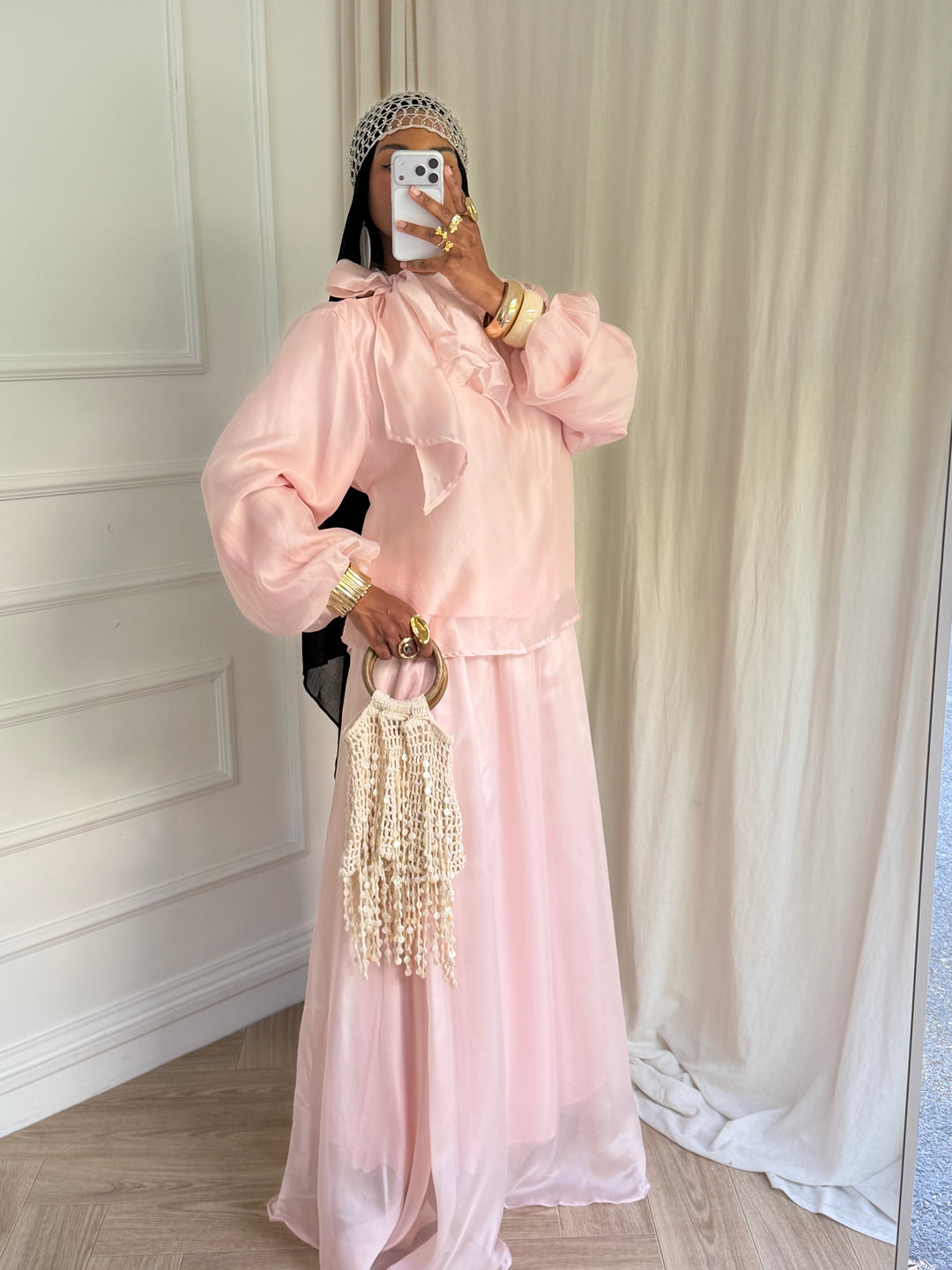 ENSEMBLE BLOUSE ET JUPE ORGANZA ROSE