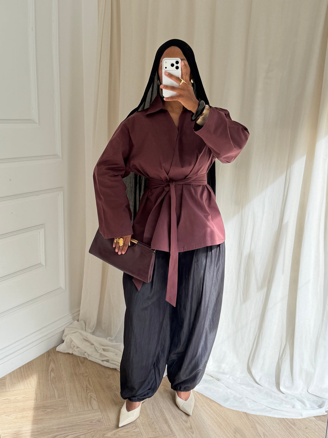 TOP OVERSIZE A CEINTURE COTON BORDEAUX